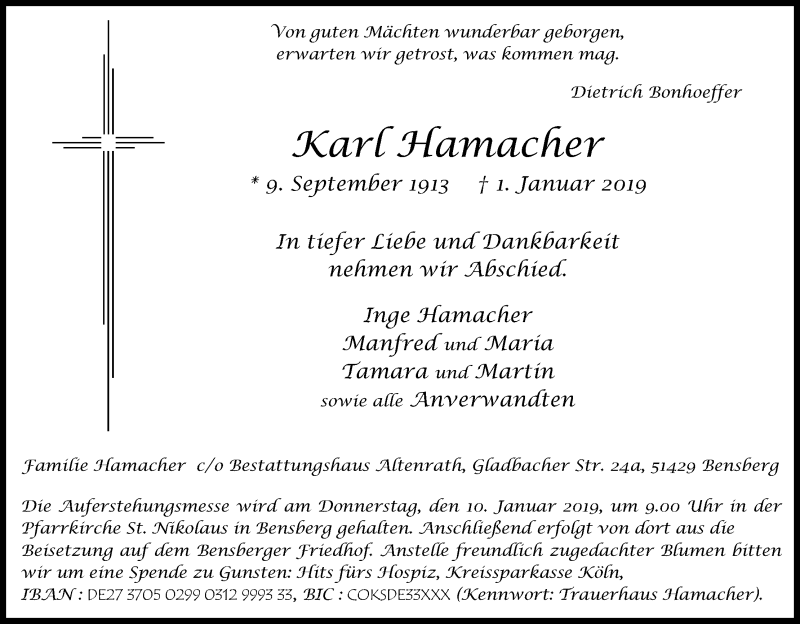  Traueranzeige für Karl Hamacher vom 05.01.2019 aus Kölner Stadt-Anzeiger / Kölnische Rundschau / Express