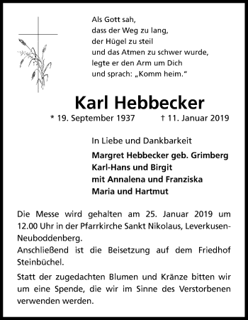 Anzeige von Karl Hebbecker von Kölner Stadt-Anzeiger / Kölnische Rundschau / Express