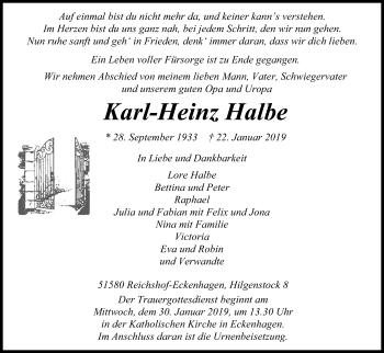 Anzeige von Karl-Heinz Halbe von Kölner Stadt-Anzeiger / Kölnische Rundschau / Express