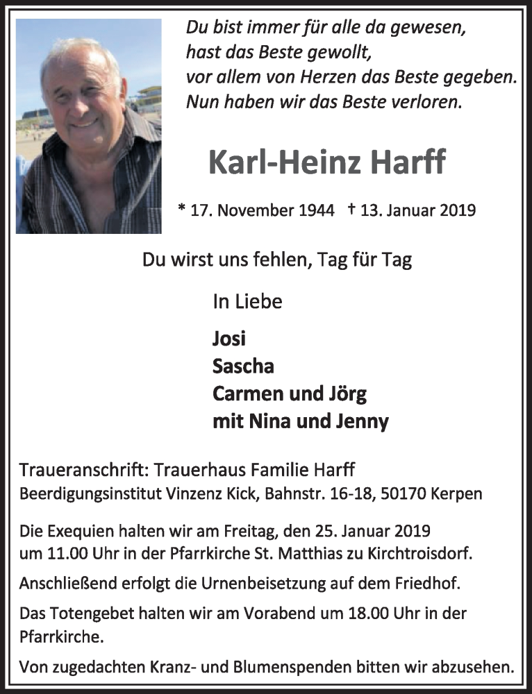  Traueranzeige für Karl-Heinz Harff vom 19.01.2019 aus  Sonntags-Post 