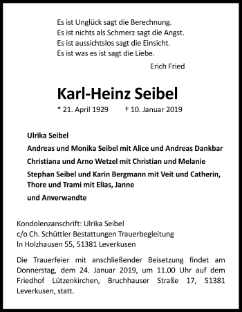 Anzeige von Karl-Heinz Seibel von Kölner Stadt-Anzeiger / Kölnische Rundschau / Express