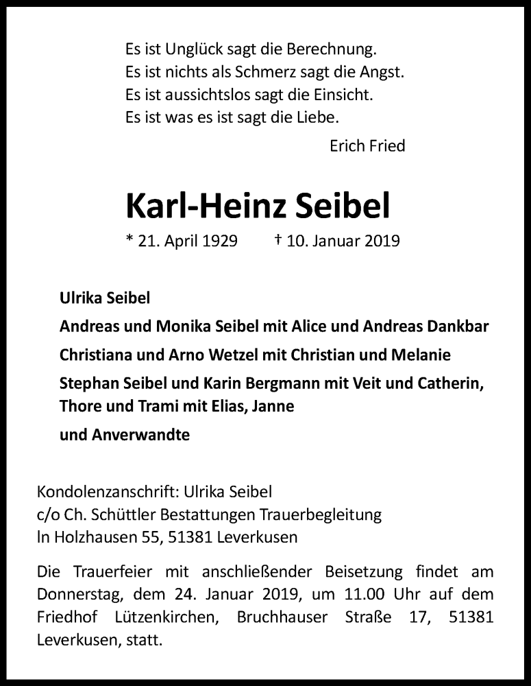  Traueranzeige für Karl-Heinz Seibel vom 19.01.2019 aus Kölner Stadt-Anzeiger / Kölnische Rundschau / Express