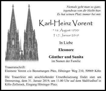 Anzeige von Karl-Heinz Vorent von Kölner Stadt-Anzeiger / Kölnische Rundschau / Express