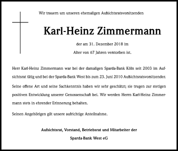 Anzeige von Karl-Heinz Zimmermann von Kölner Stadt-Anzeiger / Kölnische Rundschau / Express