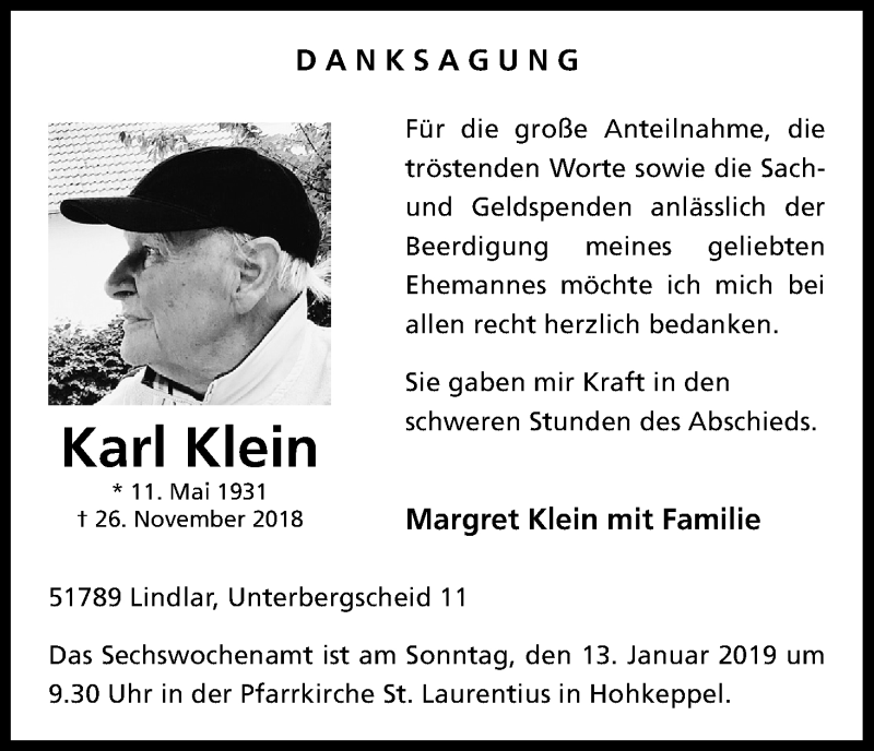  Traueranzeige für Karl Klein vom 05.01.2019 aus Kölner Stadt-Anzeiger / Kölnische Rundschau / Express