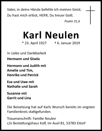 Anzeige von Karl Neulen von Kölner Stadt-Anzeiger / Kölnische Rundschau / Express