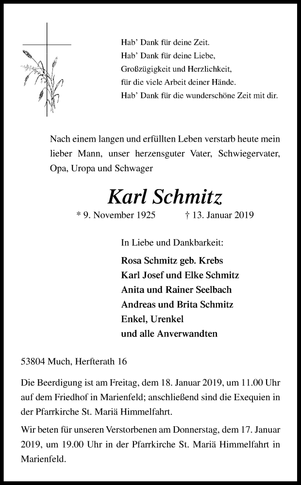  Traueranzeige für Karl Schmitz vom 15.01.2019 aus Kölner Stadt-Anzeiger / Kölnische Rundschau / Express