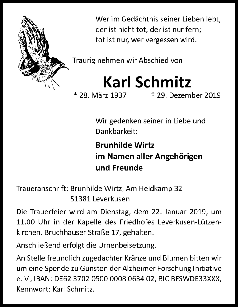  Traueranzeige für Karl Schmitz vom 12.01.2019 aus Kölner Stadt-Anzeiger / Kölnische Rundschau / Express