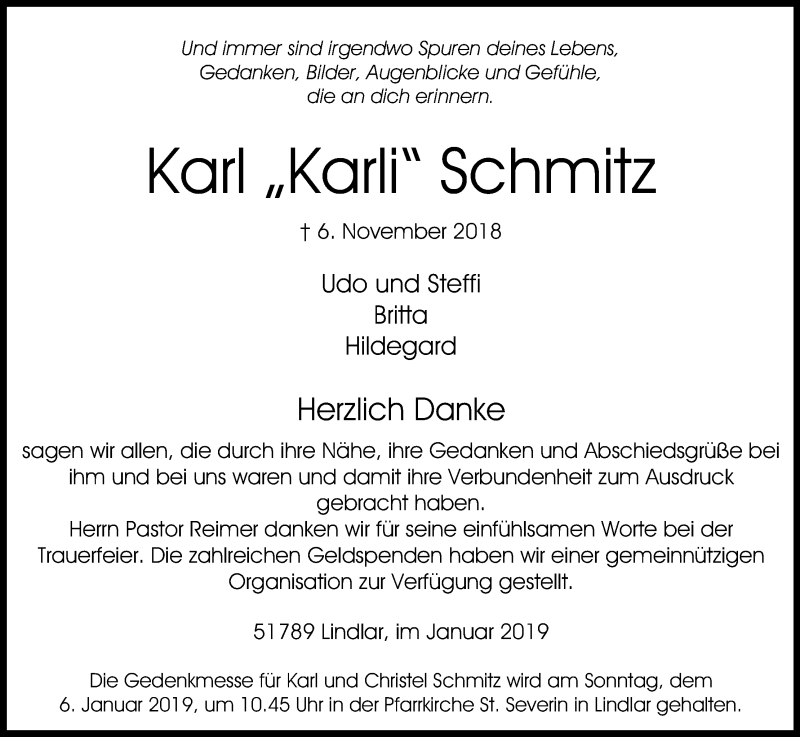  Traueranzeige für Karl Schmitz vom 05.01.2019 aus Kölner Stadt-Anzeiger / Kölnische Rundschau / Express