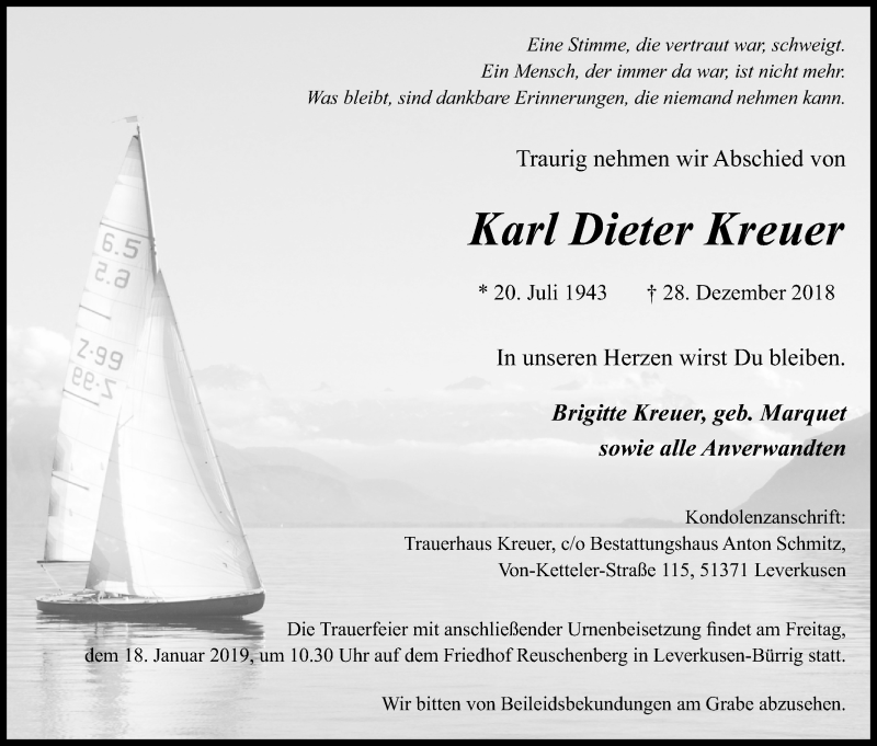  Traueranzeige für Karl Dieter Kreuer vom 12.01.2019 aus Kölner Stadt-Anzeiger / Kölnische Rundschau / Express