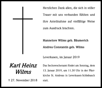 Anzeige von Karl Heinz Wilms von Kölner Stadt-Anzeiger / Kölnische Rundschau / Express