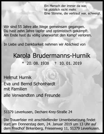 Anzeige von Karola Brudermanns-Hurnik von Kölner Stadt-Anzeiger / Kölnische Rundschau / Express