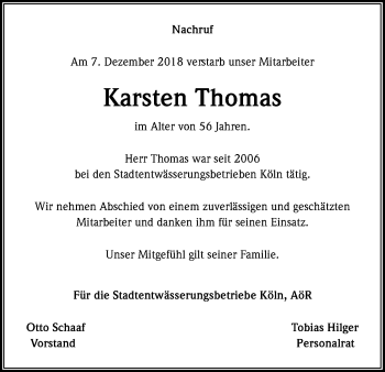 Anzeige von Karsten Thomas von Kölner Stadt-Anzeiger / Kölnische Rundschau / Express