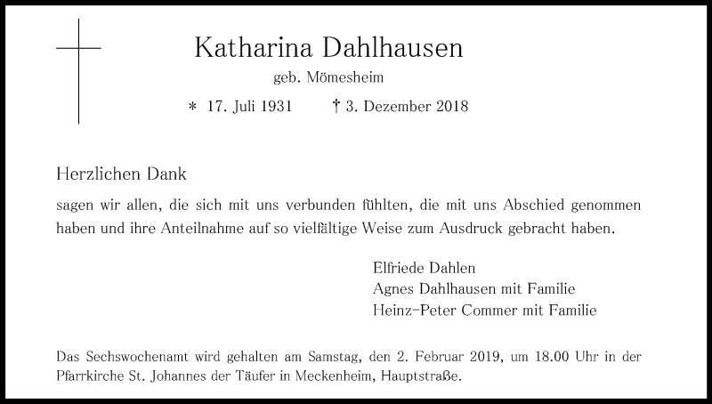  Traueranzeige für Katharina Dahlhausen vom 19.01.2019 aus Kölner Stadt-Anzeiger / Kölnische Rundschau / Express