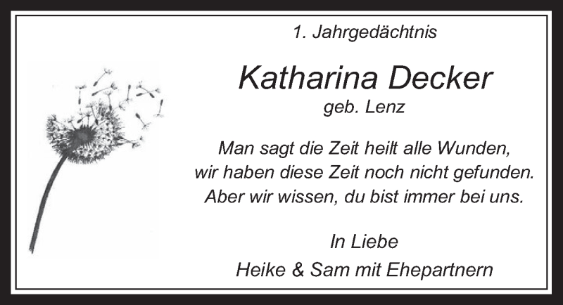  Traueranzeige für Katharina Decker vom 09.01.2019 aus  Wochenende 