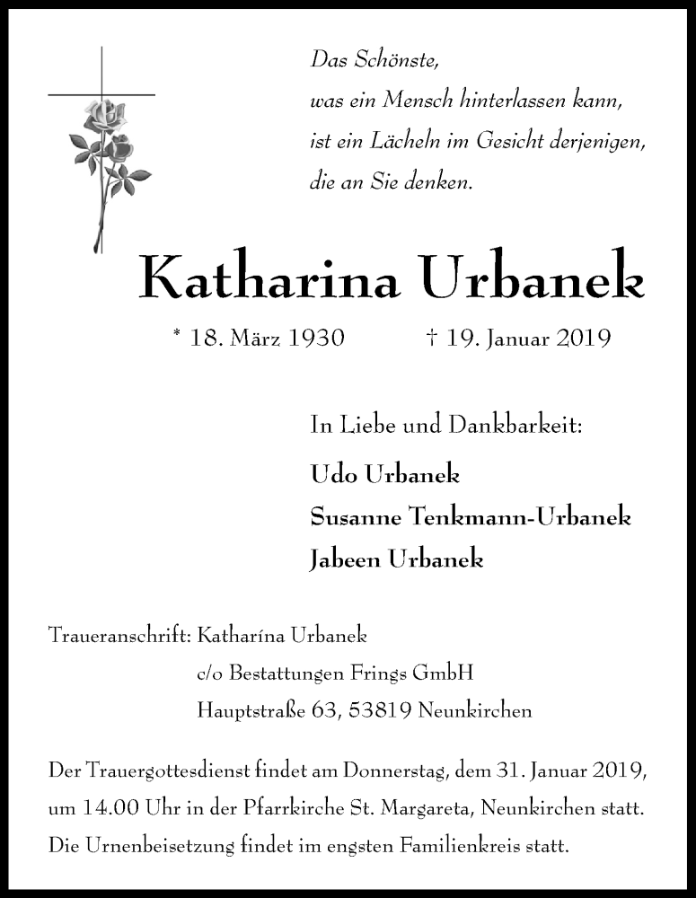  Traueranzeige für Katharina Urbanek vom 26.01.2019 aus Kölner Stadt-Anzeiger / Kölnische Rundschau / Express