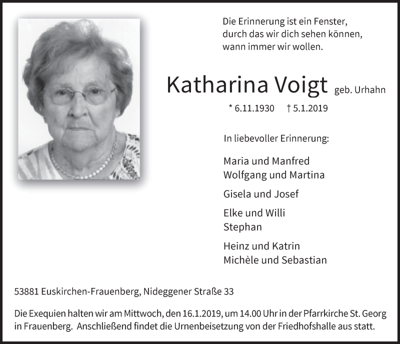  Traueranzeige für Katharina Voigt vom 12.01.2019 aus  Blickpunkt Euskirchen 