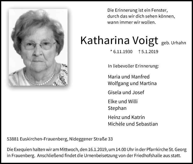  Traueranzeige für Katharina Voigt vom 12.01.2019 aus Kölner Stadt-Anzeiger / Kölnische Rundschau / Express