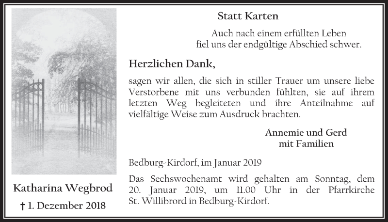  Traueranzeige für Katharina Wegbrod vom 16.01.2019 aus  Werbepost 