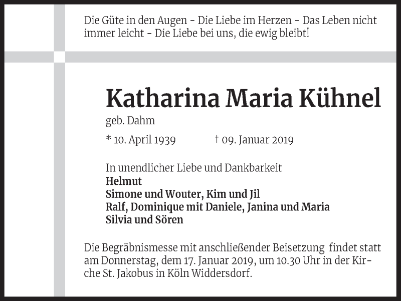  Traueranzeige für Katharina Maria Kühnel vom 12.01.2019 aus Kölner Stadt-Anzeiger / Kölnische Rundschau / Express