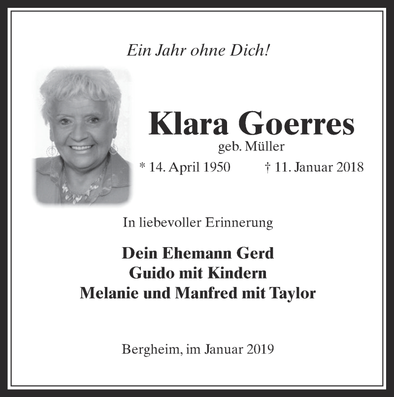  Traueranzeige für Klara Goerres vom 12.01.2019 aus  Wochenende 