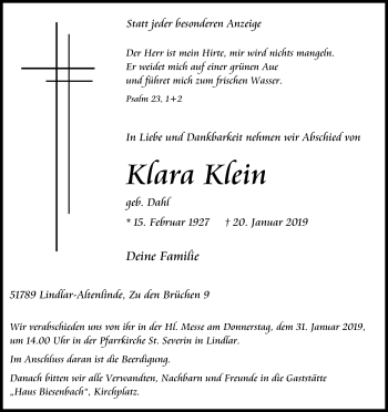 Anzeige von Klara Klein von Kölner Stadt-Anzeiger / Kölnische Rundschau / Express