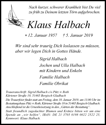 Anzeige von Klaus Halbach von Kölner Stadt-Anzeiger / Kölnische Rundschau / Express