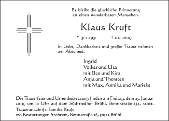 Anzeige von Klaus Kruft von  Kölner Wochenspiegel  Schlossbote/Werbekurier 