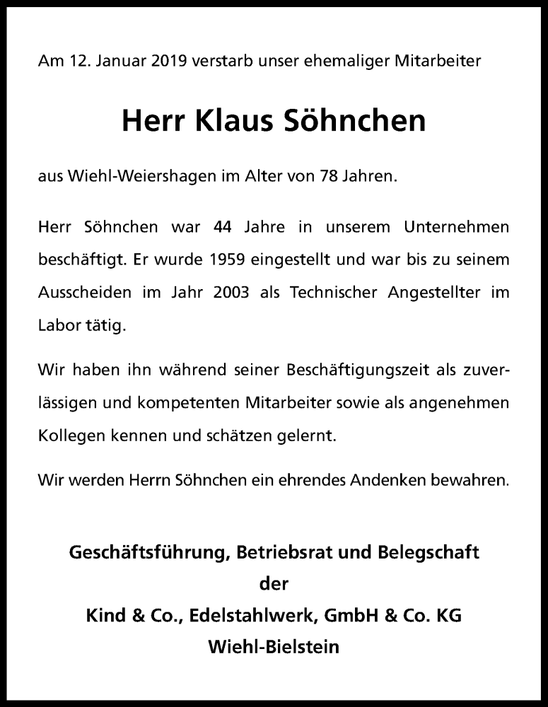  Traueranzeige für Klaus Söhnchen vom 23.01.2019 aus Kölner Stadt-Anzeiger / Kölnische Rundschau / Express