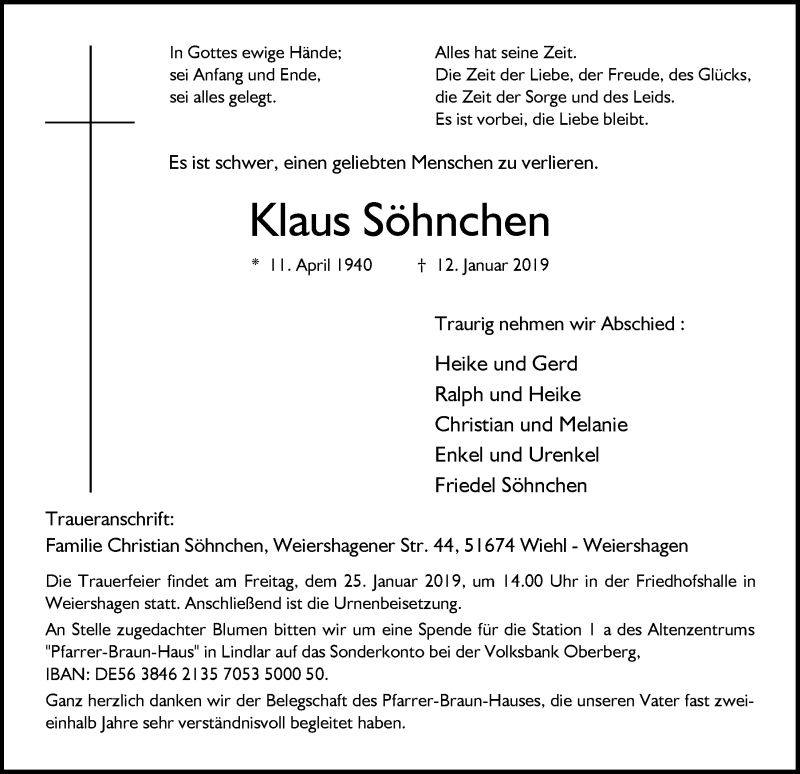  Traueranzeige für Klaus Söhnchen vom 16.01.2019 aus  Anzeigen Echo 