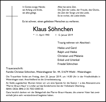 Anzeige von Klaus Söhnchen von  Anzeigen Echo 