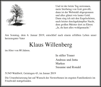 Anzeige von Klaus Willenberg von  Lokalanzeiger 