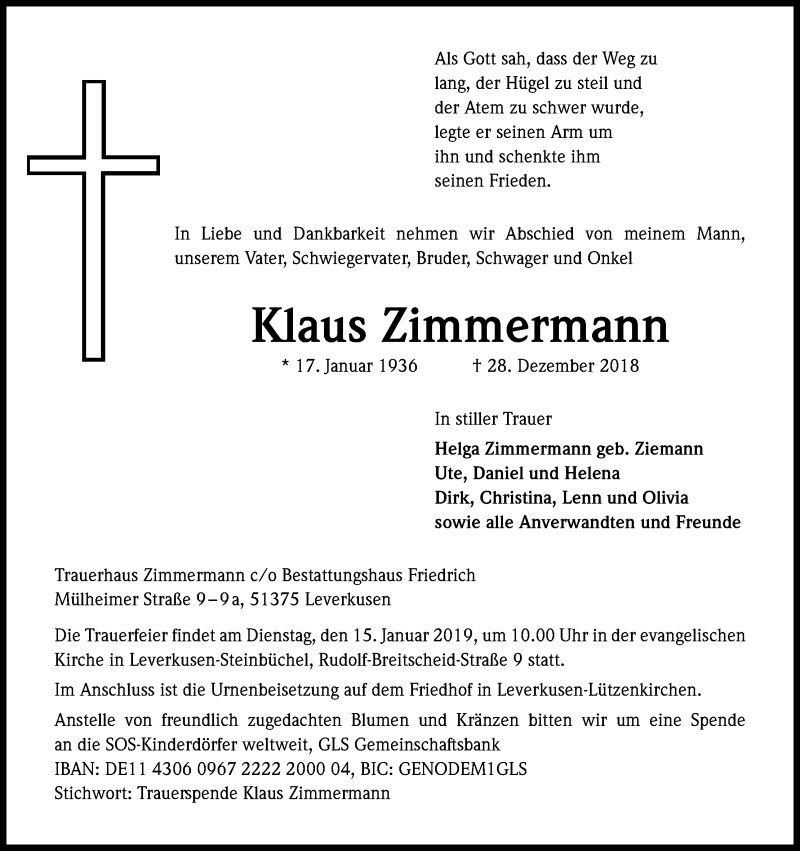 Traueranzeige für Klaus Zimmermann vom 05.01.2019 aus Kölner Stadt-Anzeiger / Kölnische Rundschau / Express