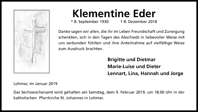  Traueranzeige für Klementine Eder vom 30.01.2019 aus Kölner Stadt-Anzeiger / Kölnische Rundschau / Express