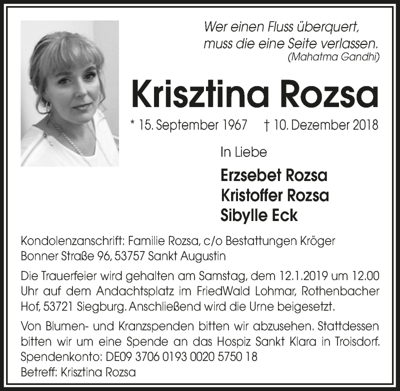  Traueranzeige für Krisztina Rozsa vom 09.01.2019 aus  Extra Blatt 
