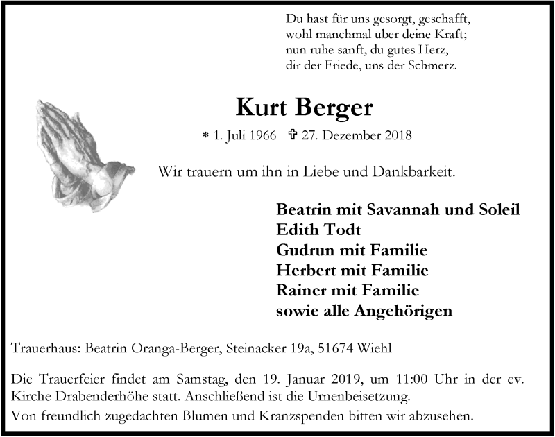  Traueranzeige für Kurt Berger vom 16.01.2019 aus  Anzeigen Echo 