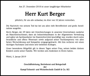 Anzeige von Kurt Berger von Kölner Stadt-Anzeiger / Kölnische Rundschau / Express