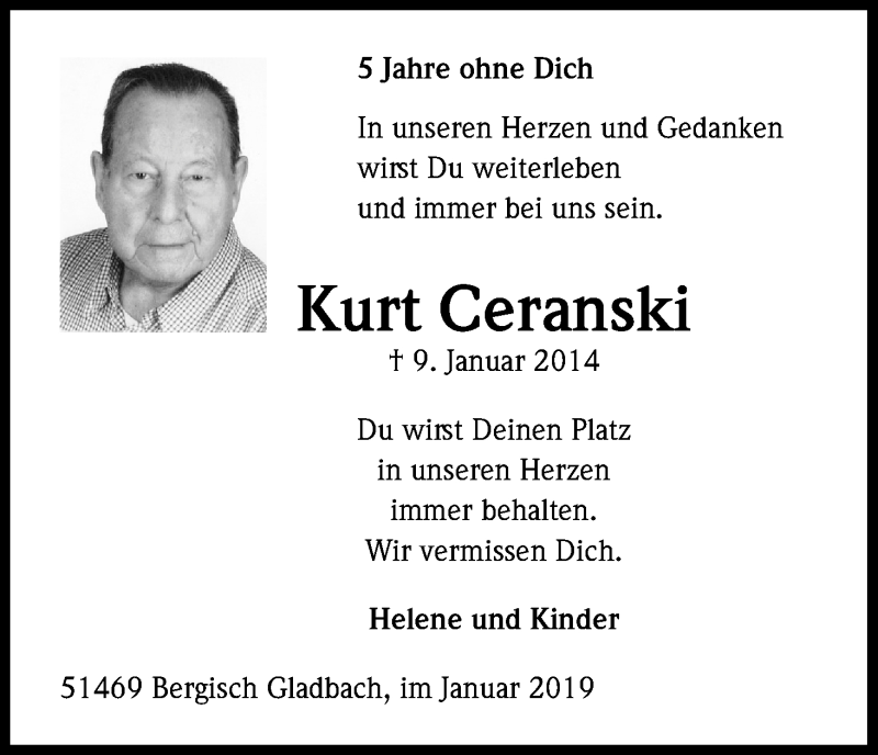  Traueranzeige für Kurt Ceranski vom 09.01.2019 aus Kölner Stadt-Anzeiger / Kölnische Rundschau / Express