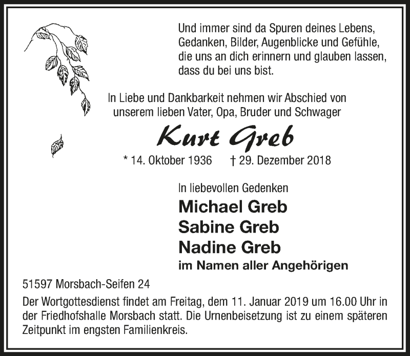  Traueranzeige für Kurt Greb vom 09.01.2019 aus  Lokalanzeiger 