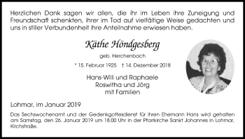 Anzeige von Käthe Höndgesberg von Kölner Stadt-Anzeiger / Kölnische Rundschau / Express