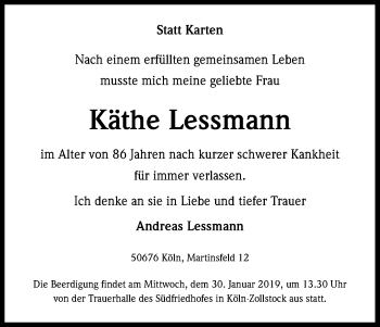 Anzeige von Käthe Lessmann von Kölner Stadt-Anzeiger / Kölnische Rundschau / Express