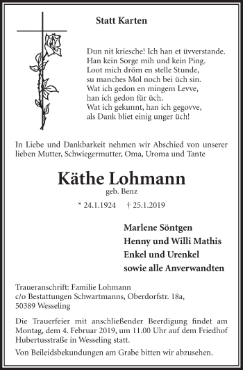 Anzeige von Käthe Lohmann von  Schlossbote/Werbekurier 