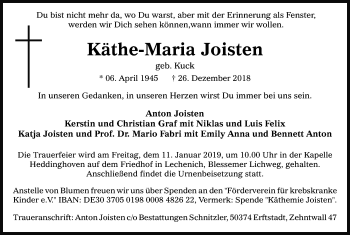 Anzeige von Käthe-Maria Joisten von Kölner Stadt-Anzeiger / Kölnische Rundschau / Express