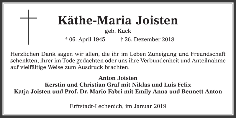  Traueranzeige für Käthe-Maria Joisten vom 30.01.2019 aus  Werbepost 