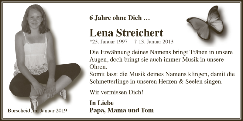  Traueranzeige für Lena Streichert vom 12.01.2019 aus  Leverkusener Wochenende 