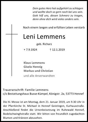 Anzeige von Leni Lemmens von Kölner Stadt-Anzeiger / Kölnische Rundschau / Express