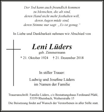 Anzeige von Leni Lüders von  Schlossbote/Werbekurier 