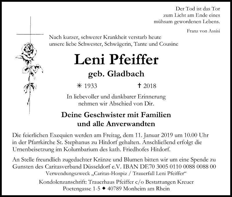  Traueranzeige für Leni Pfeiffer vom 05.01.2019 aus Kölner Stadt-Anzeiger / Kölnische Rundschau / Express