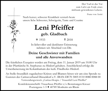 Anzeige von Leni Pfeiffer von Kölner Stadt-Anzeiger / Kölnische Rundschau / Express