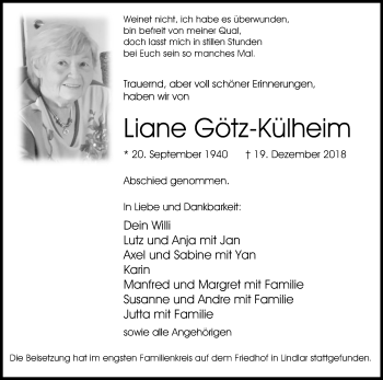 Anzeige von Liane Götz-Külheim von Kölner Stadt-Anzeiger / Kölnische Rundschau / Express